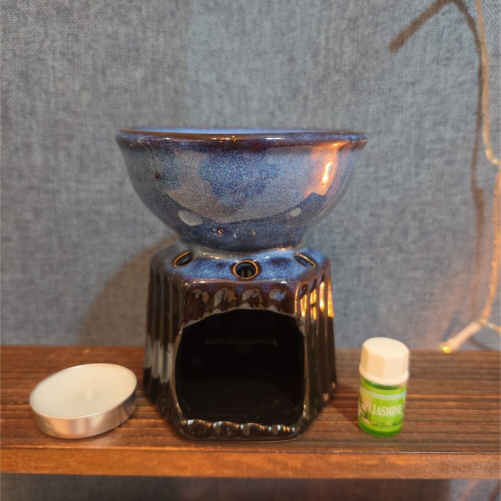 Blue Black Ceramic Tea Light Oil Warmer/Wax Warmer Boho Set